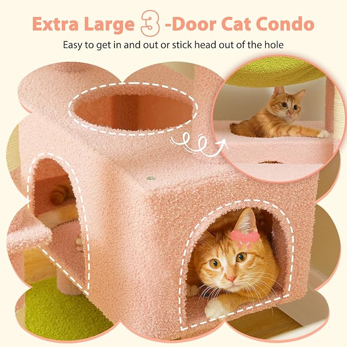 PAWZ Road Flower Cat Tree, 72 Inches Large Cat Tower with Steel Frame Hammock and 7 Scratching Posts, Tall Cat Tree with 2 Condos and Perches for Large Indoor Cats - Pink