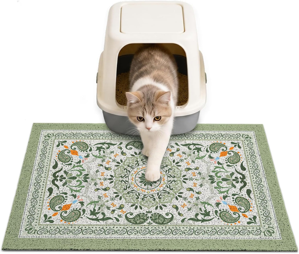 24"x15" Cat Litter Mat Non-Slip Washable Litter Box Mat – Daily Care for Cats - Green Mandala / 24X15in