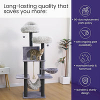 Catry Bradbury 7-Level 62.5” Modern Cat Tree with Replaceable Scratching Posts,Big Condo,Two Washable Beds, Two Hammocks,Quick Assembly, for Multi-Cat Homes(Cloud Gray)