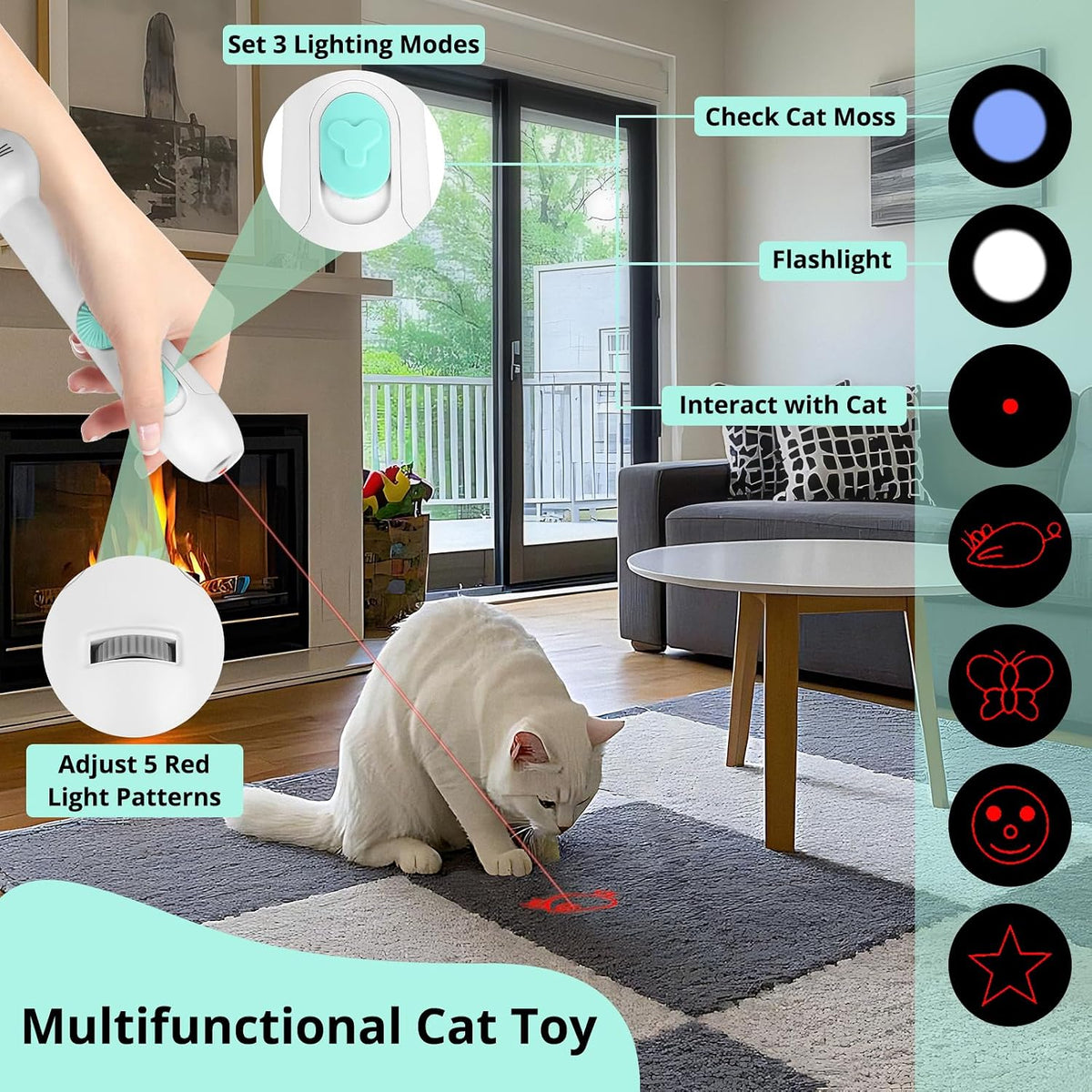 TBTeek Cat Toys, Rechargeable, 3 Light Modes & 5 Fun Patterns – Essentials for Cats - 1pc red light with fish pole - image 3