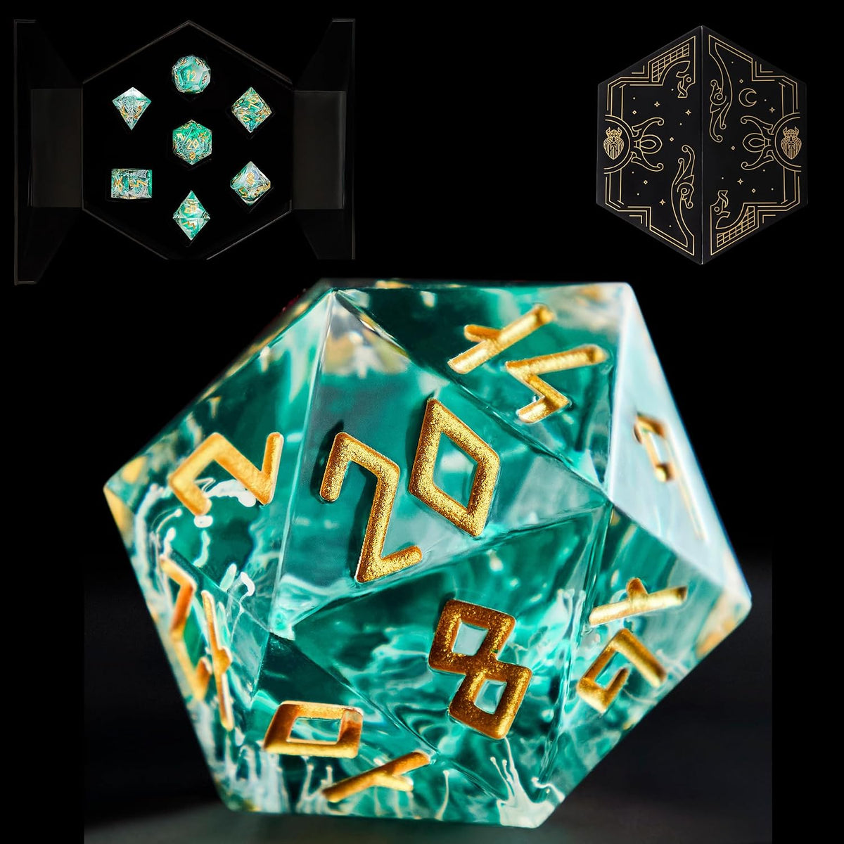 HEIMDALLR liquid core DND dice set in Fenrir's Shadow with glowing LED display box - view 7