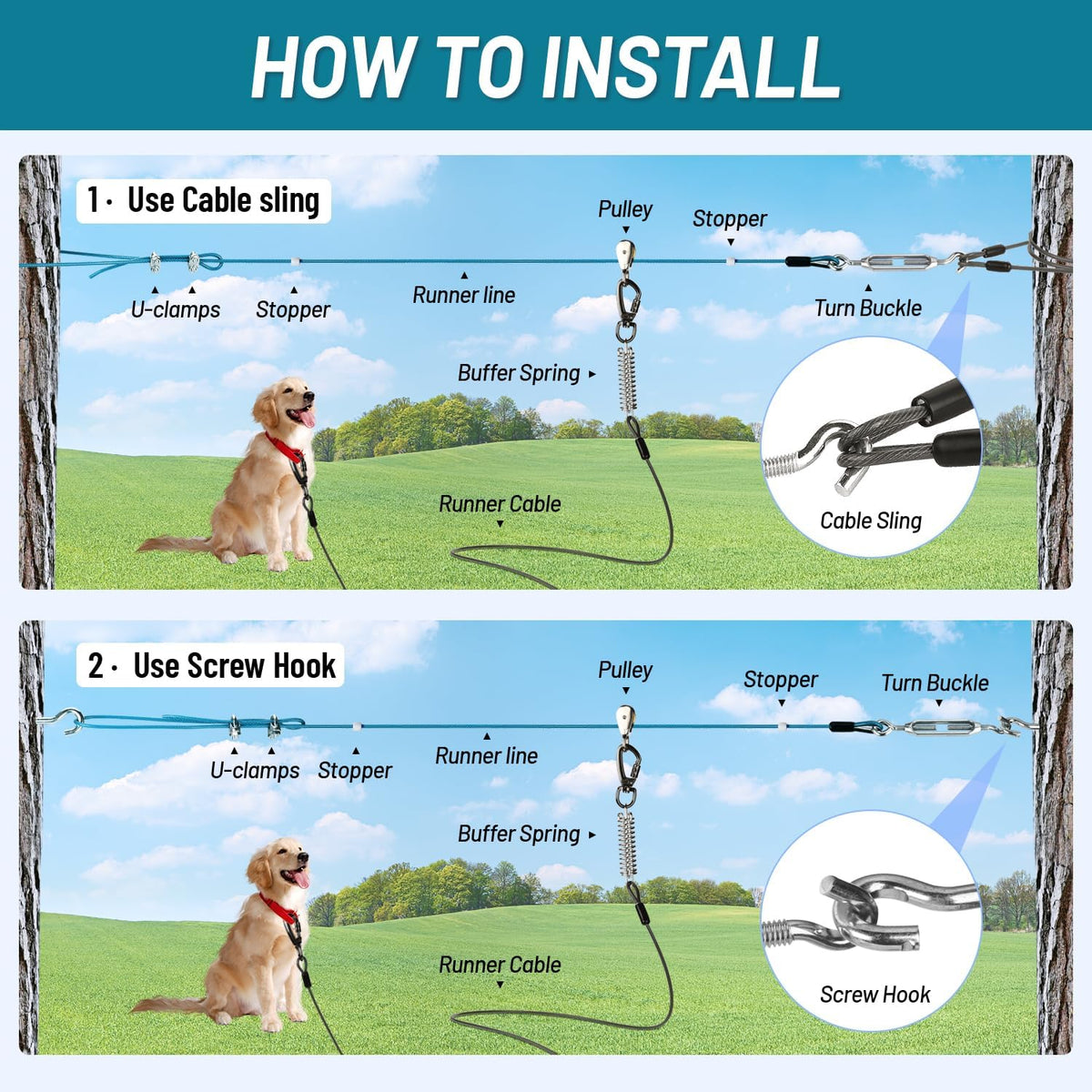 Dog Runner for Yard, Heavy Duty 100FT Dog Runs for Outside with 10FT Tie Out Cable, Trolley System - 50ft run cable+10ft tie out cable / Blue + Black - image 4