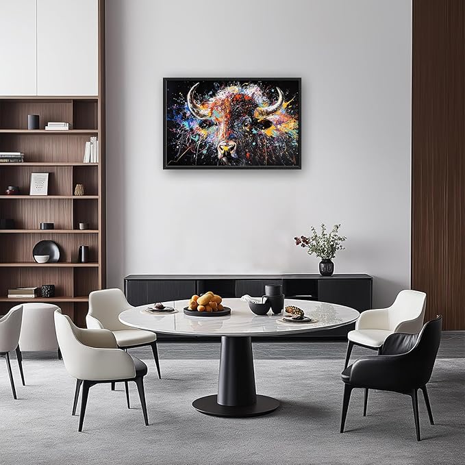 Framed Large Bison Buffalo Wall Art for Living Room, Oversized Graffiti Yak Cow Wall Decor Banksy Bull Canvas Painting Animal Pictures Modern Artwork for Living Room Bedroom Office 36"x24"