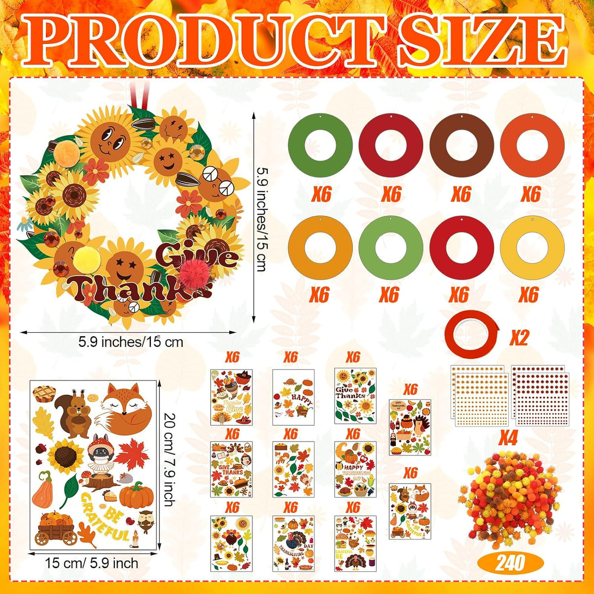 Hollowfly Thanksgiving paper wreath craft kits with gem stickers, ribbons and wool balls - view 39