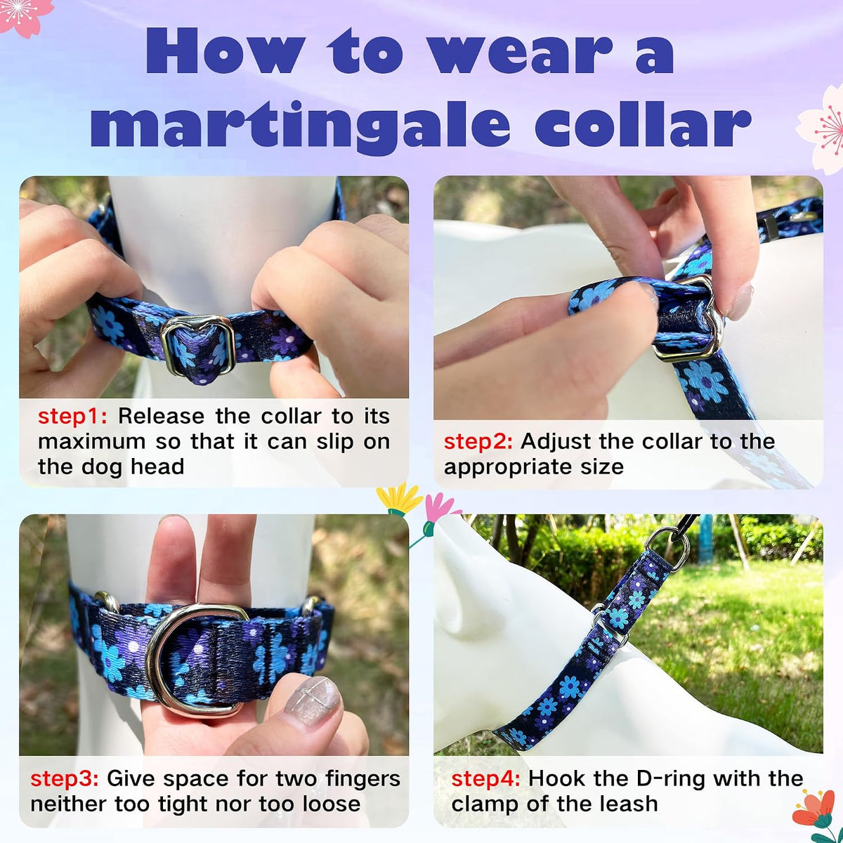 Hikiko Martingale Dog Collar Without Buckle - Navy Blue Flower / Large - image 2