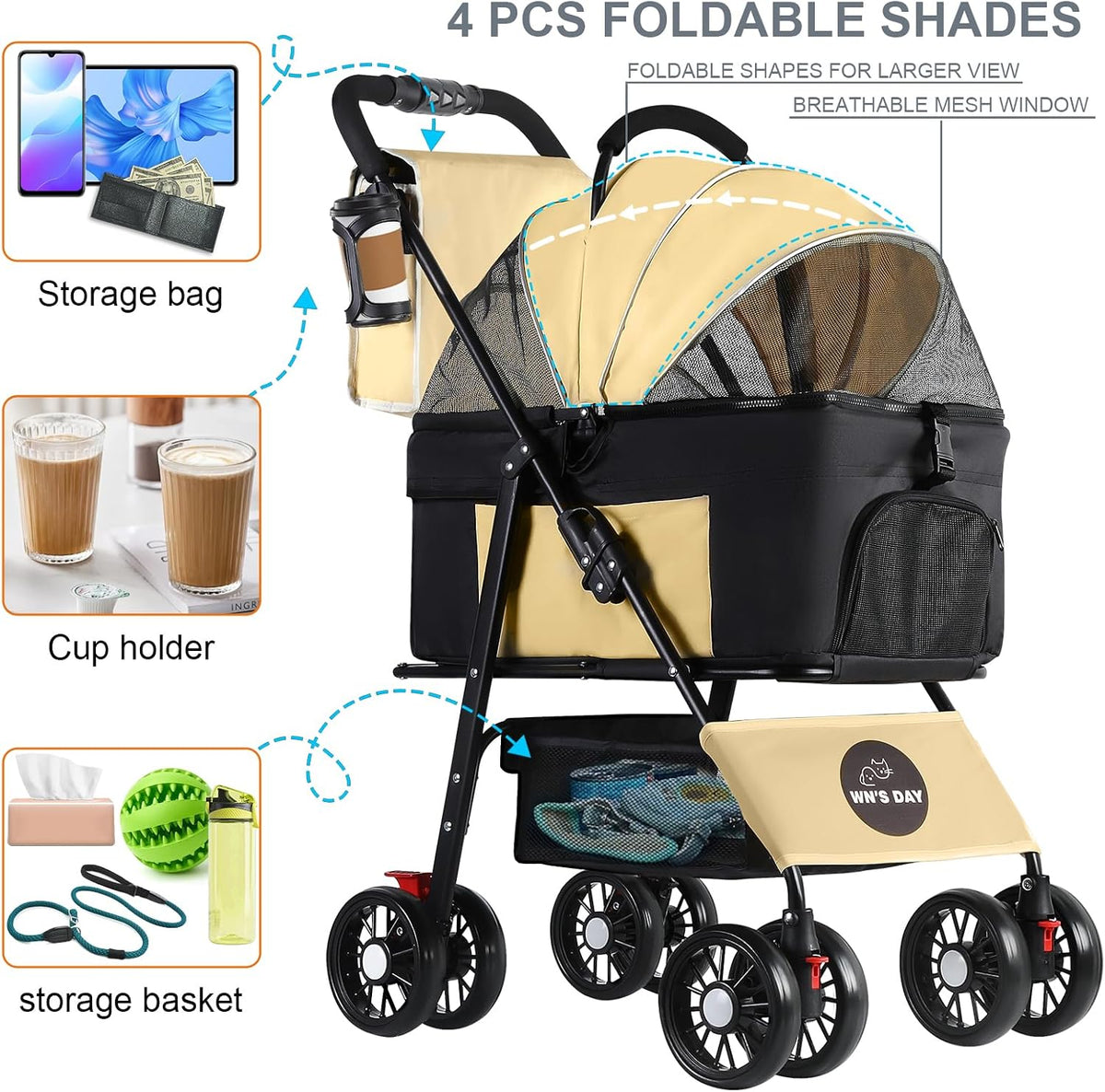 3 in 1 Pet Dog Stroller for Small Medium Dogs 10-50 lbs - Brown - image 4