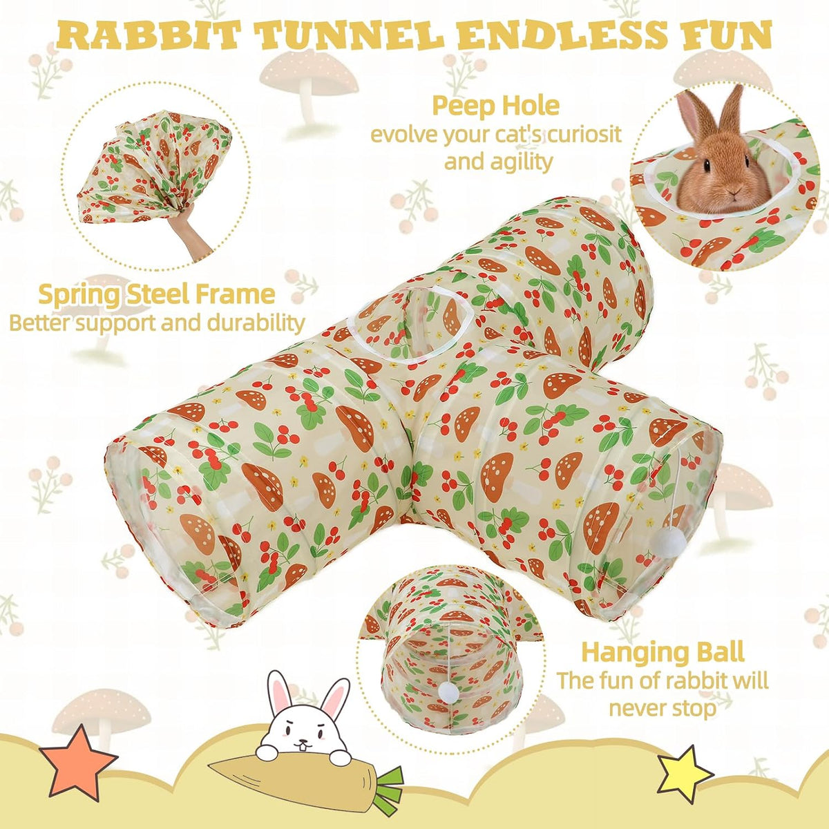 Bunny Tunnels & Tubes, 3-Way Collapsible Rabbit Hideout for Bunnies – Essentials for Small Pets - Cherry - image 3
