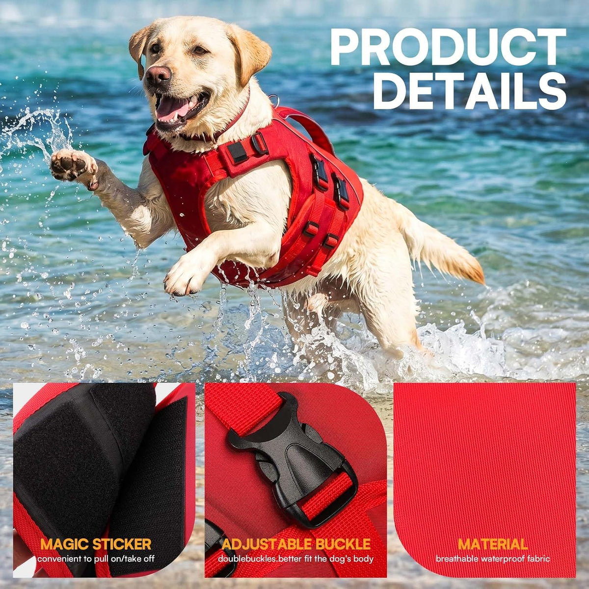 Dog Life Jacket Medium,Ripstop Dog Flotation Vest for Medium Dogs – Essentials for Dogs - Medium / Red - image 3
