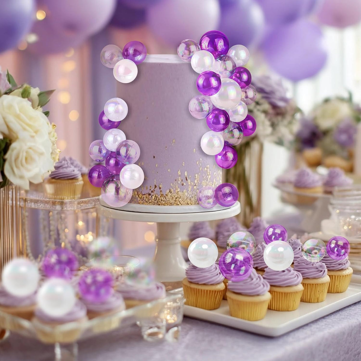 32 PCS Colorful Ball Shaped Cake Topper Pearl Balls Cupcake Cake - White Clear Purple and Clear - image 3