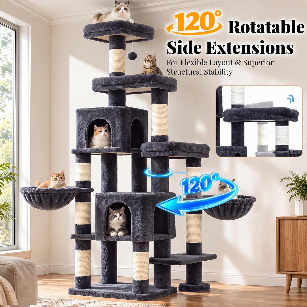 Hey-brother Cat Tree Tower with Stable Extended Base - Smoky Gray - image 3
