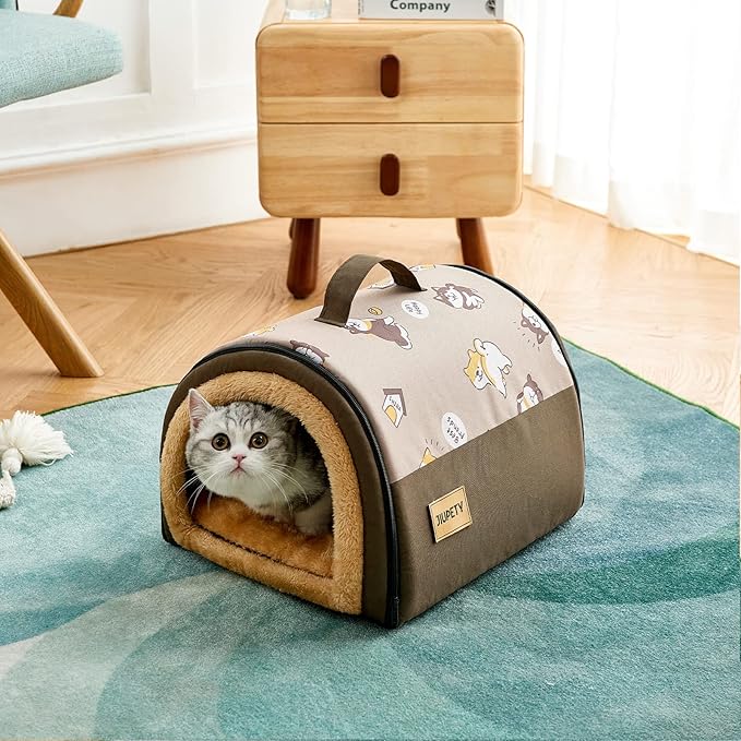 Jiupety Cozy Small Pet Dog House, 2 in 1 Puppy House, S Size for Cat and Puppy, Warm Cave Sleeping Nest for Cats and Dogs, S(15"×12"×11"), Up to 5.5 Lb, Brown