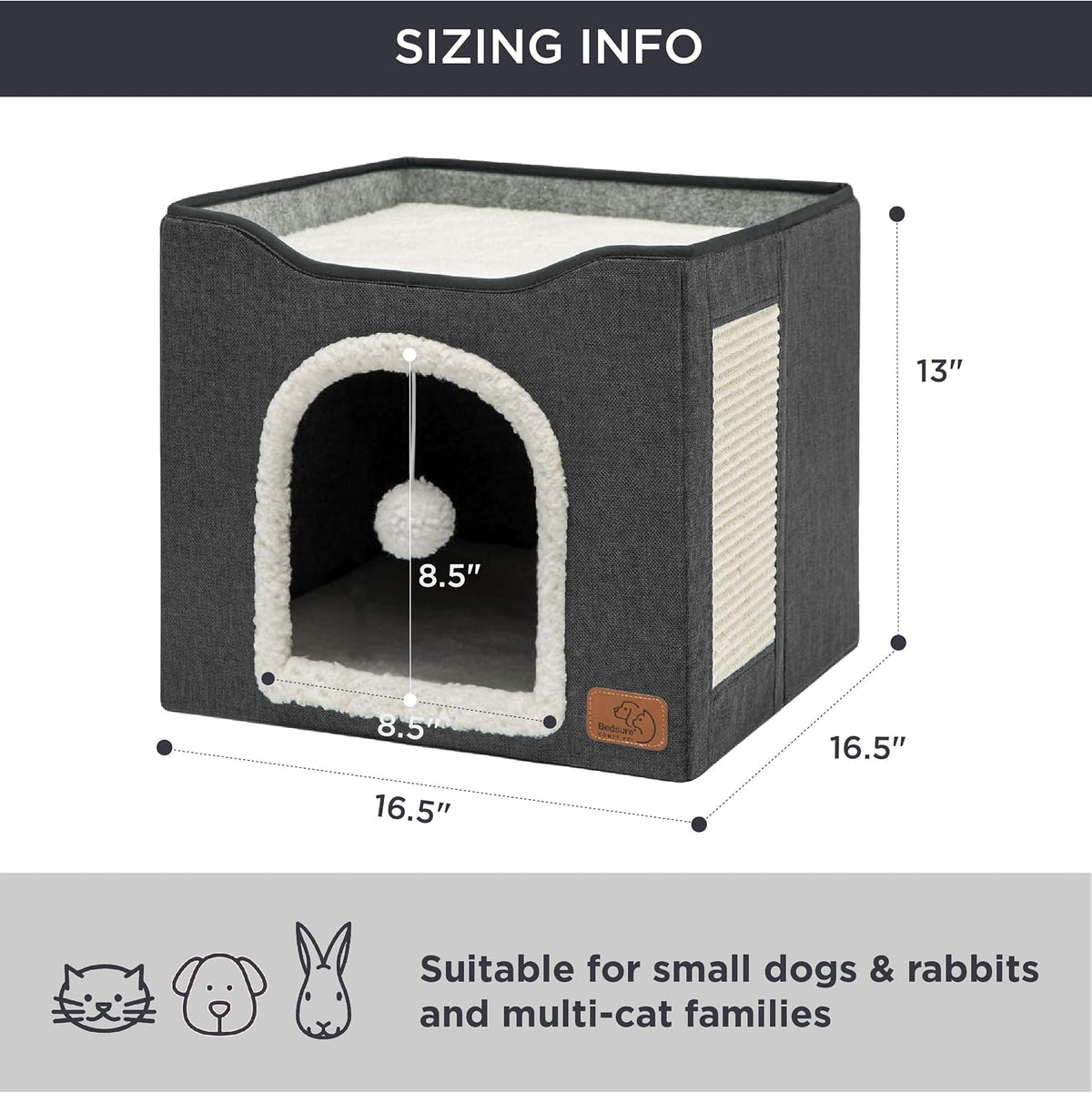 Bedsure Cat House Bed for Indoor Cats with Fluffy Ball and Scratch Pad - Dark Grey / Single - image 3