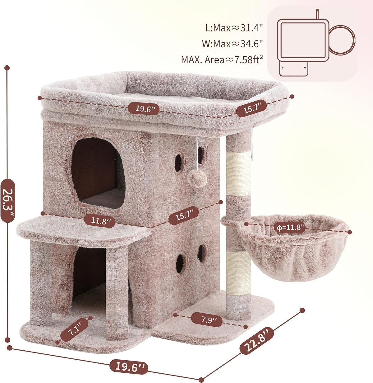Heybly 26.3" Cat Tree for Large Cats with Big Perch & Dual Condos - Rosy Brown / 26.3 inch - image 4