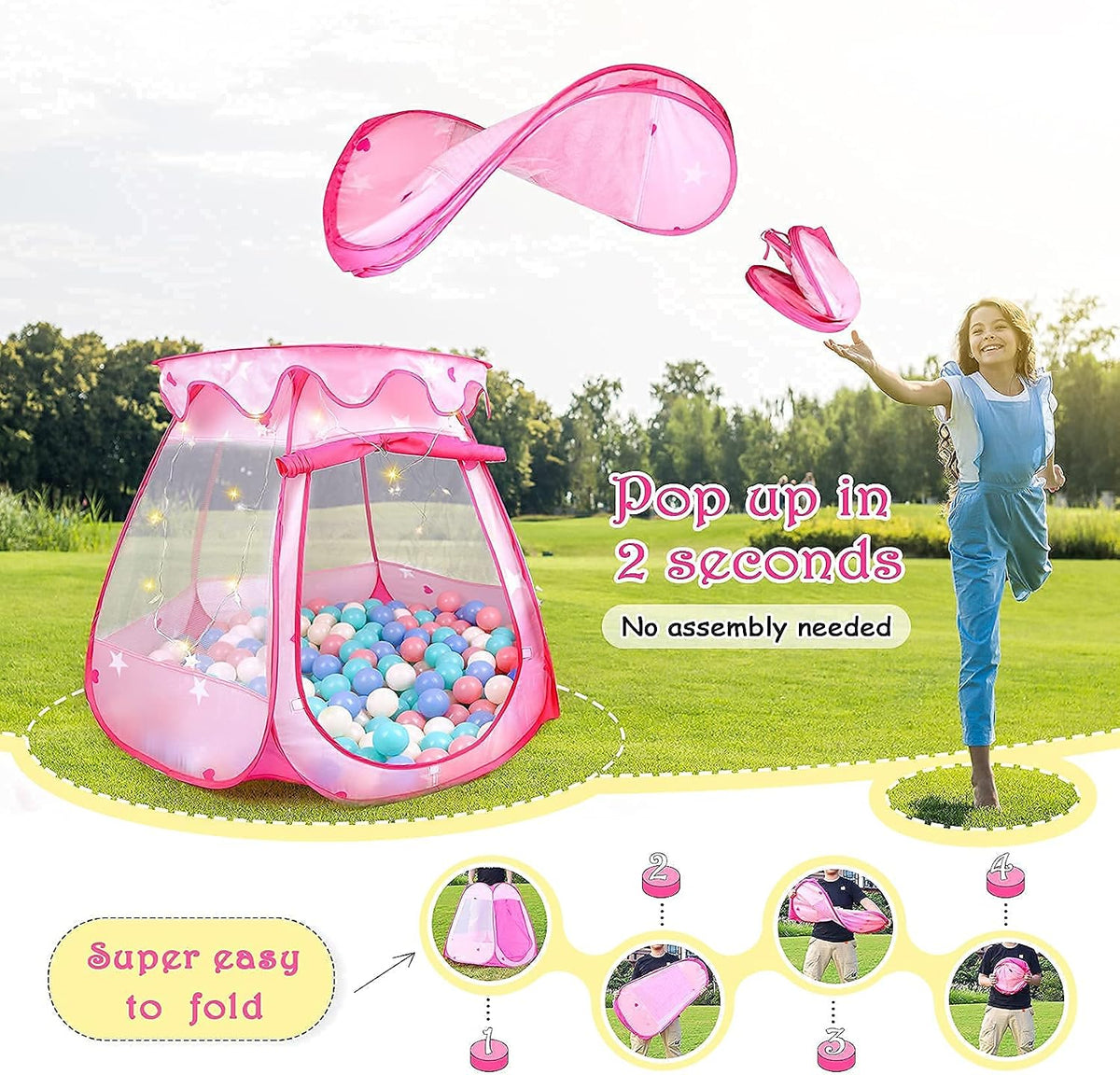 DISHIO Ball Pits with 50 Balls - Pink-with Star Lights - image 4