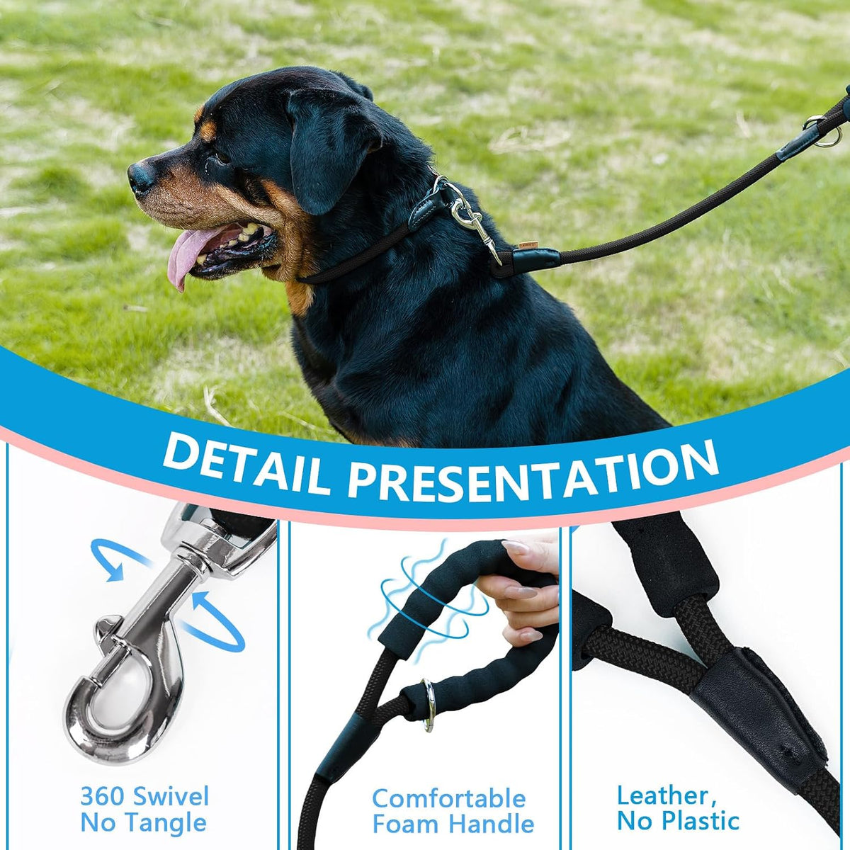 Aiminto braided rope dog leash with metal easy-snap clasp for training and walks - view 4