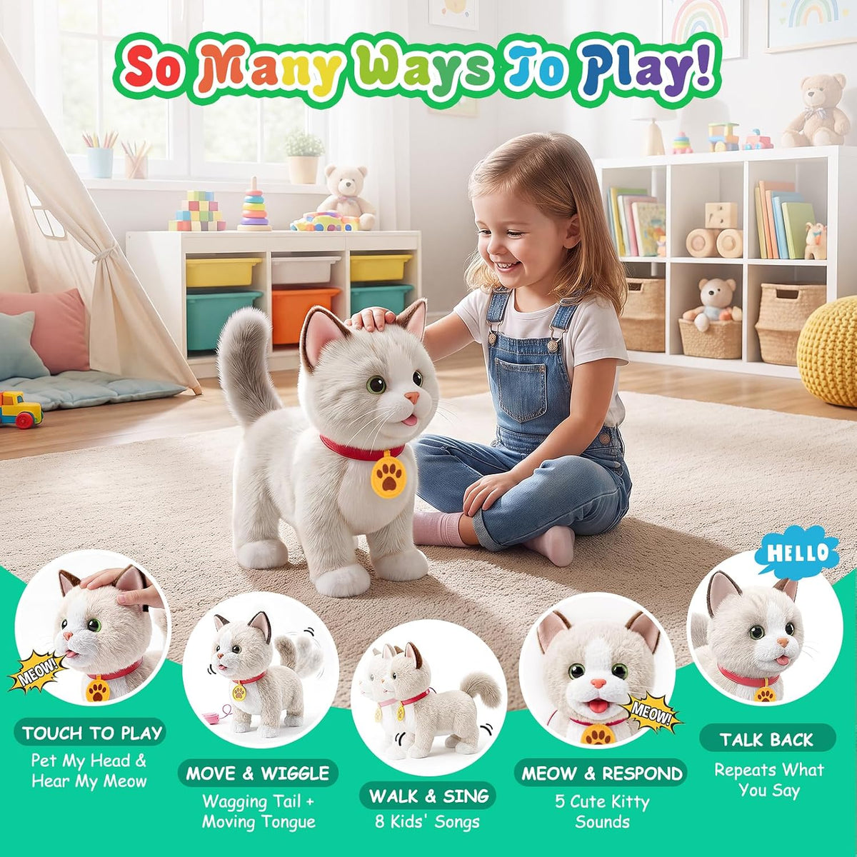 Ylpaprm interactive walking cat toy with leash and accessories, plush ragdoll kitten - view 3