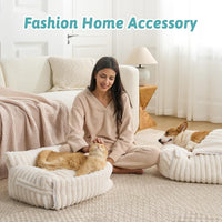 COZY KISS Cute Cat Couch, Fluffy Sofa Bed for Cats and Small Dogs, Premium Faux Rabbit Fur Cats - Cream / Small: 25'' x 18'' - image 4