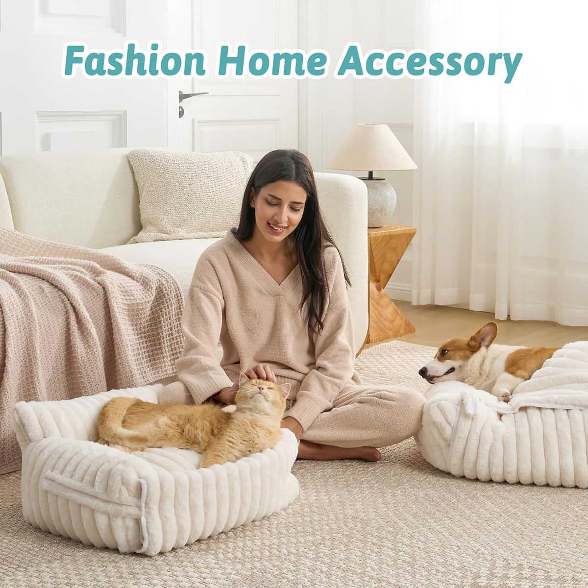 COZY KISS Cute Cat Couch, Fluffy Sofa Bed for Cats and Small Dogs, Premium Faux Rabbit Fur Cats - Cream / Small: 25'' x 18'' - image 4