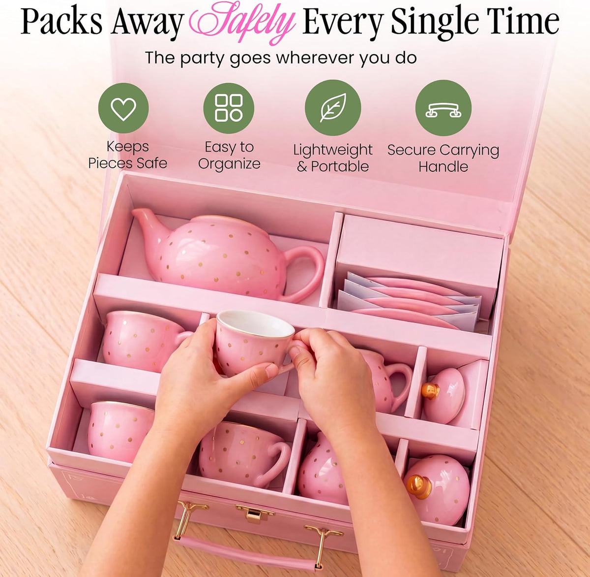 Giggle & Honey white floral tea party set for girls with porcelain teapot, cups and carrying case - view 11