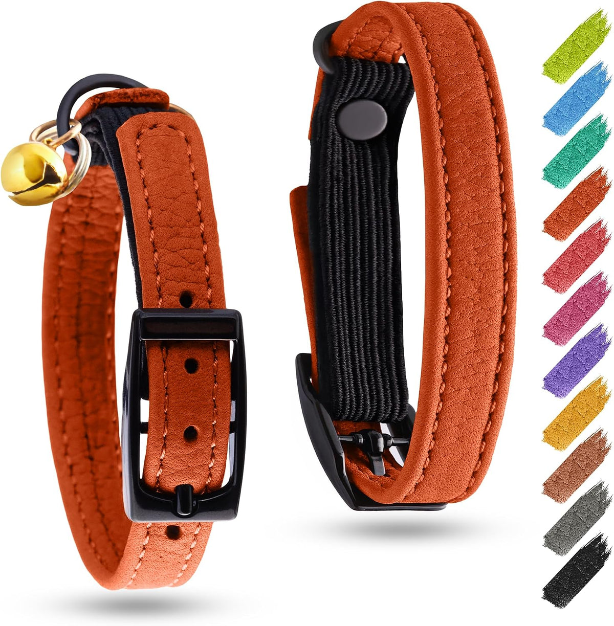 WAUDOG Leather Cat Collar with Bell Elastic Strap Stretchy Kitten - Orange / 8"- 12" Without Holder