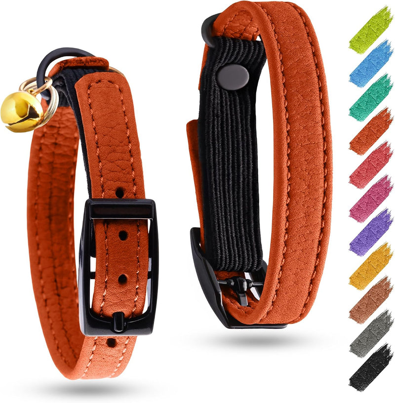 WAUDOG Leather Cat Collar with Bell Elastic Strap Stretchy Kitten - Orange / 8"- 12" Without Holder