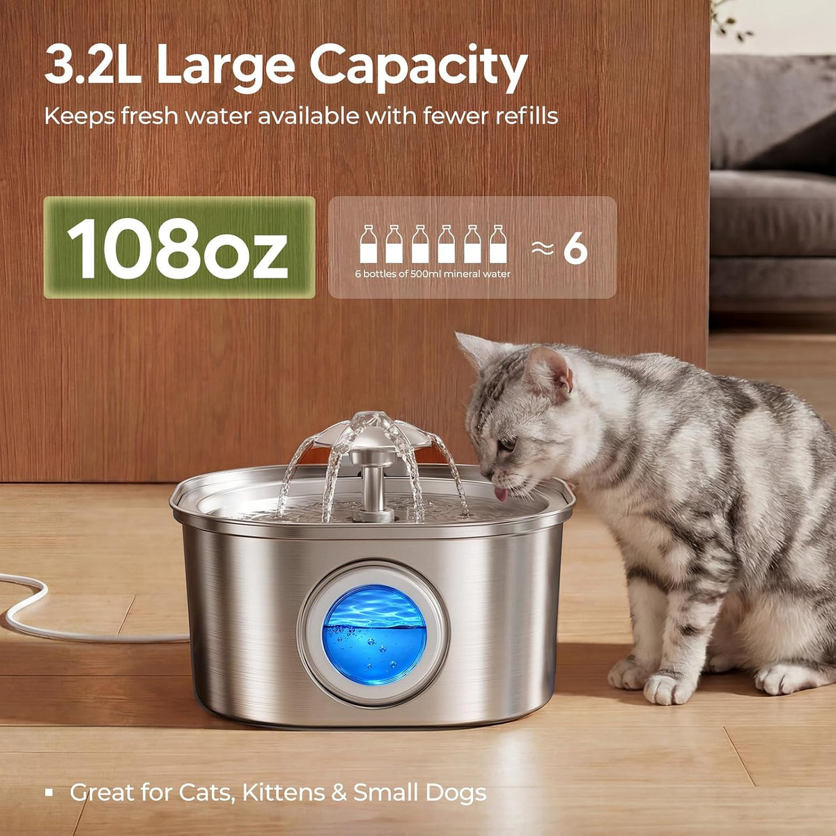 PEKTACO Cat Water Fountain, 1 Filter - 3.2L-HT+1 Filter - image 4