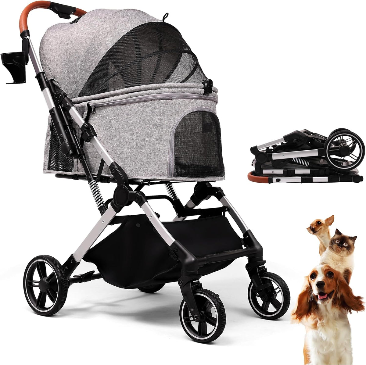 Bicystar Foldable Dog Stroller for Small Medium Dogs & Cats - Grey