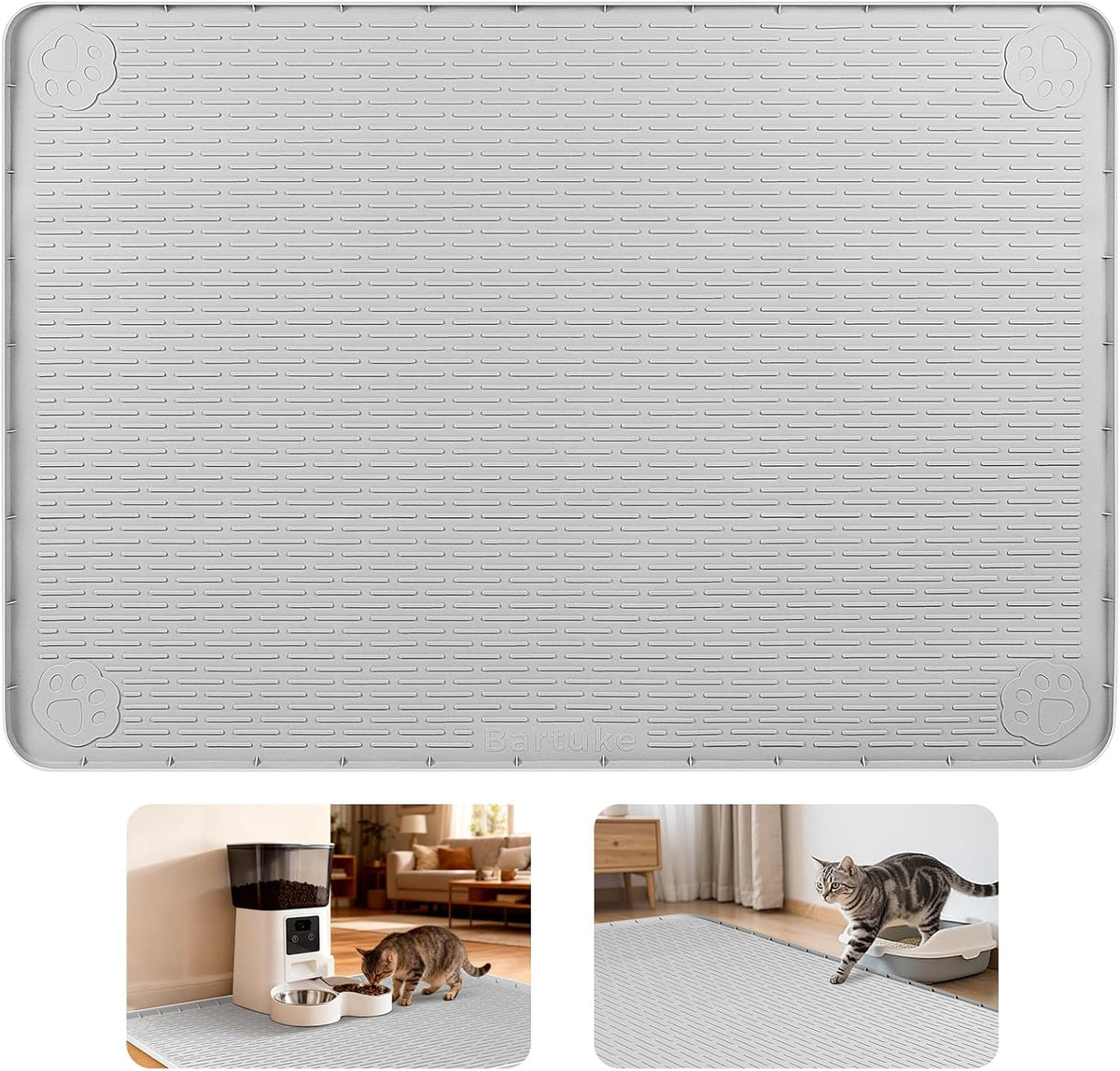 Cat Food Mat Extra Large Silicone Pet Bowl Mat 40''x28'' - Light Grey / 34"L x 22"W