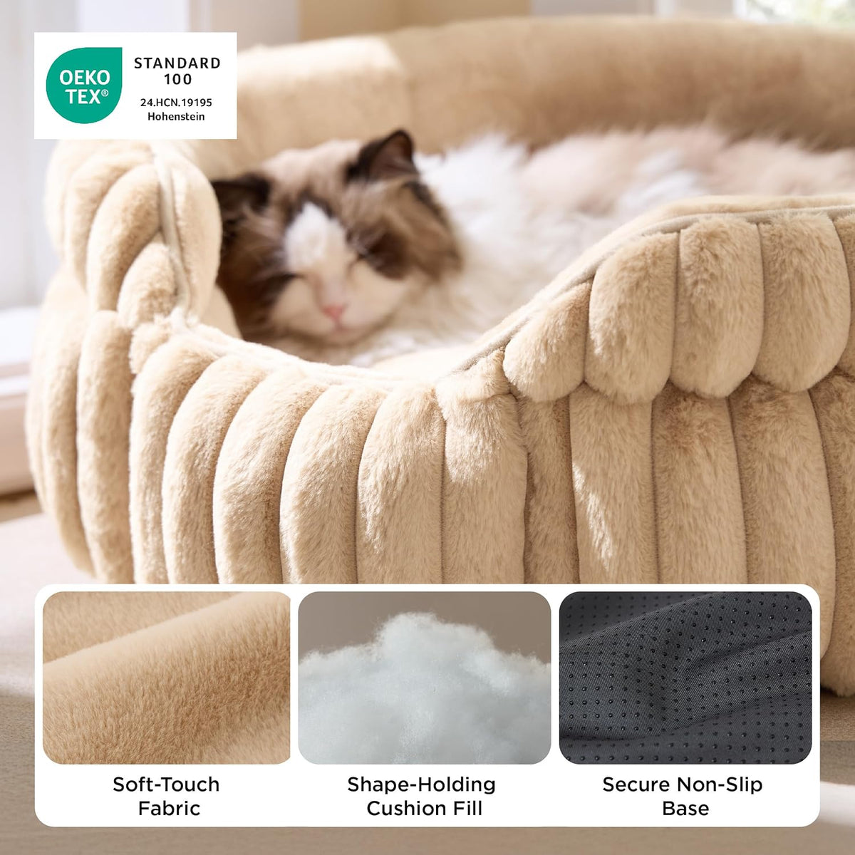 Bedsure ComfyFleece Washable Cute Cat Bed, Soft Round Kitten Bed - 20''x20''x8'' / Sandy Beige - image 4