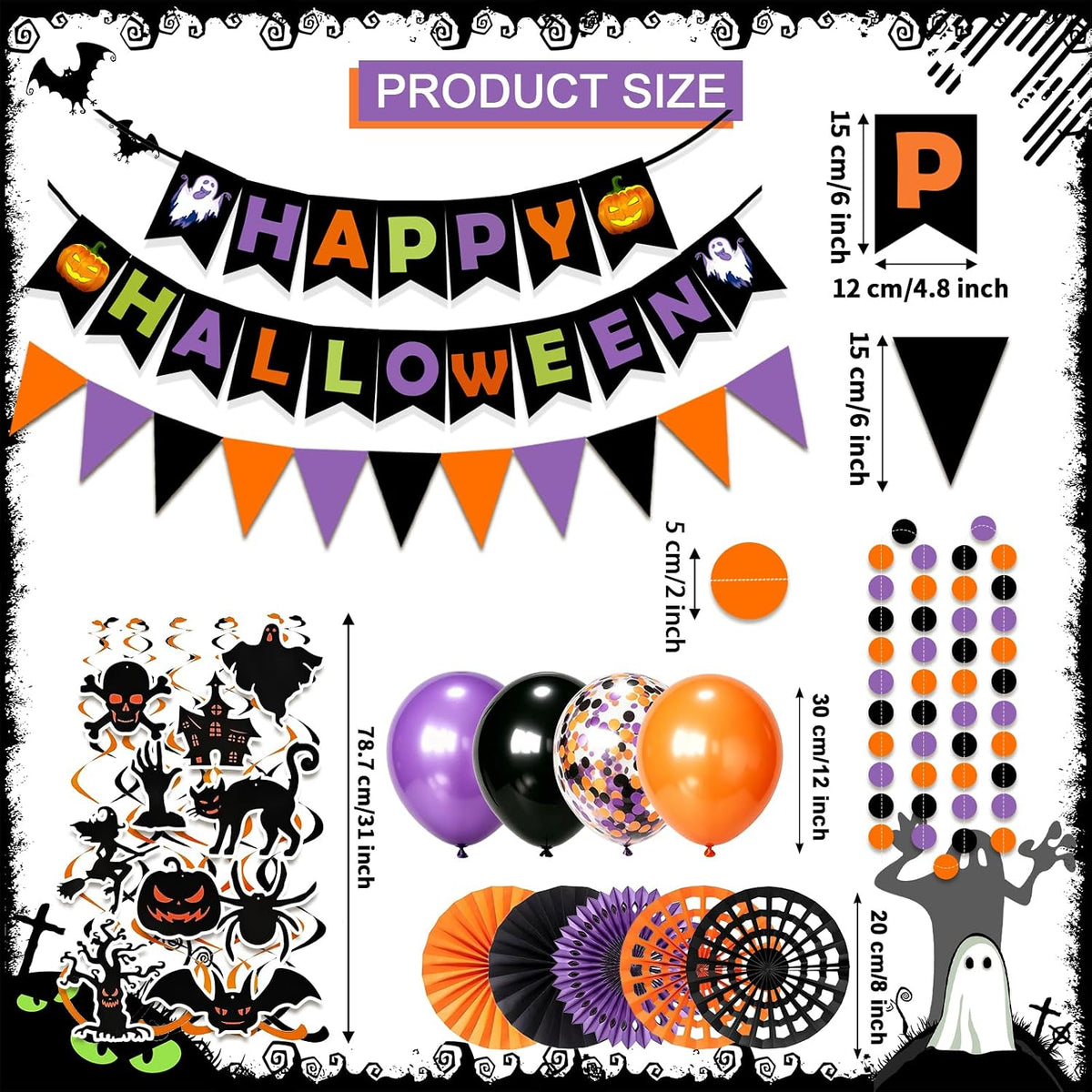 Fecedy Happy Halloween Banner Triangular bunting Paper flower fans - Halloween,multicolor,black,orange,purple - image 3
