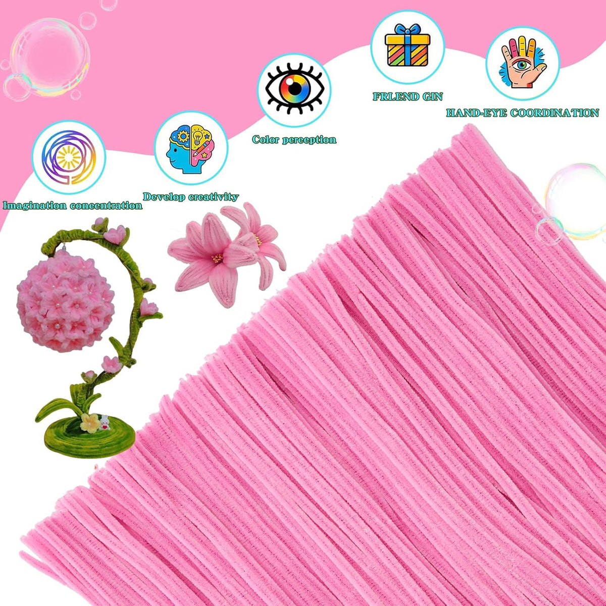 Black Pipe Cleaners for Crafts, Craft Supplies, Arts and Crafts - Pink - image 3