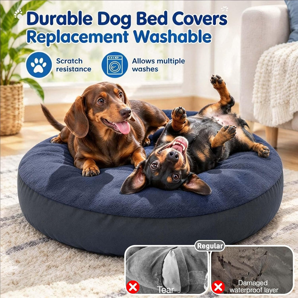 Dog Bed Covers Replacement Washable for Round & Donut Dog Bed 100% - Blue-45" x 45" x 11" - image 4