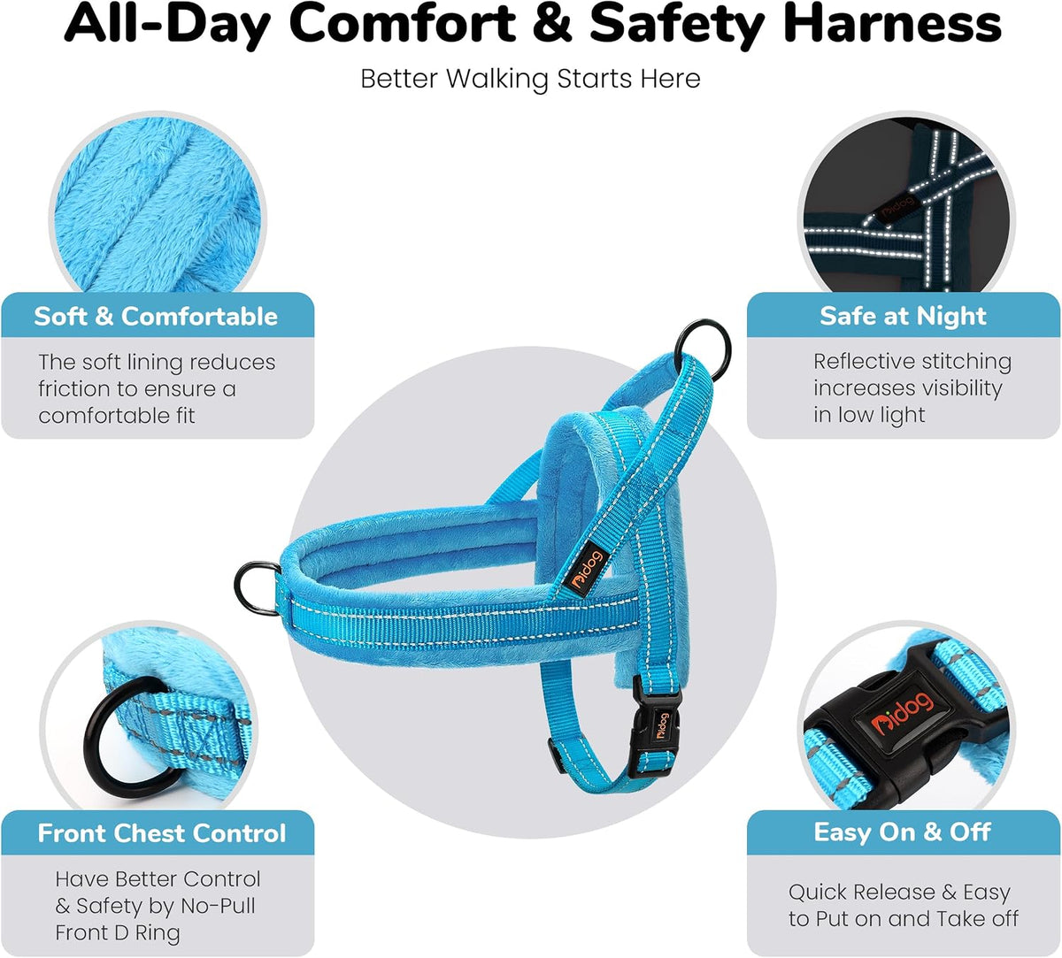 No Pull Dog Harness for Small Dogs, Soft Flannel Padded, XS - XXS:chest 14-16" / Blue - image 3