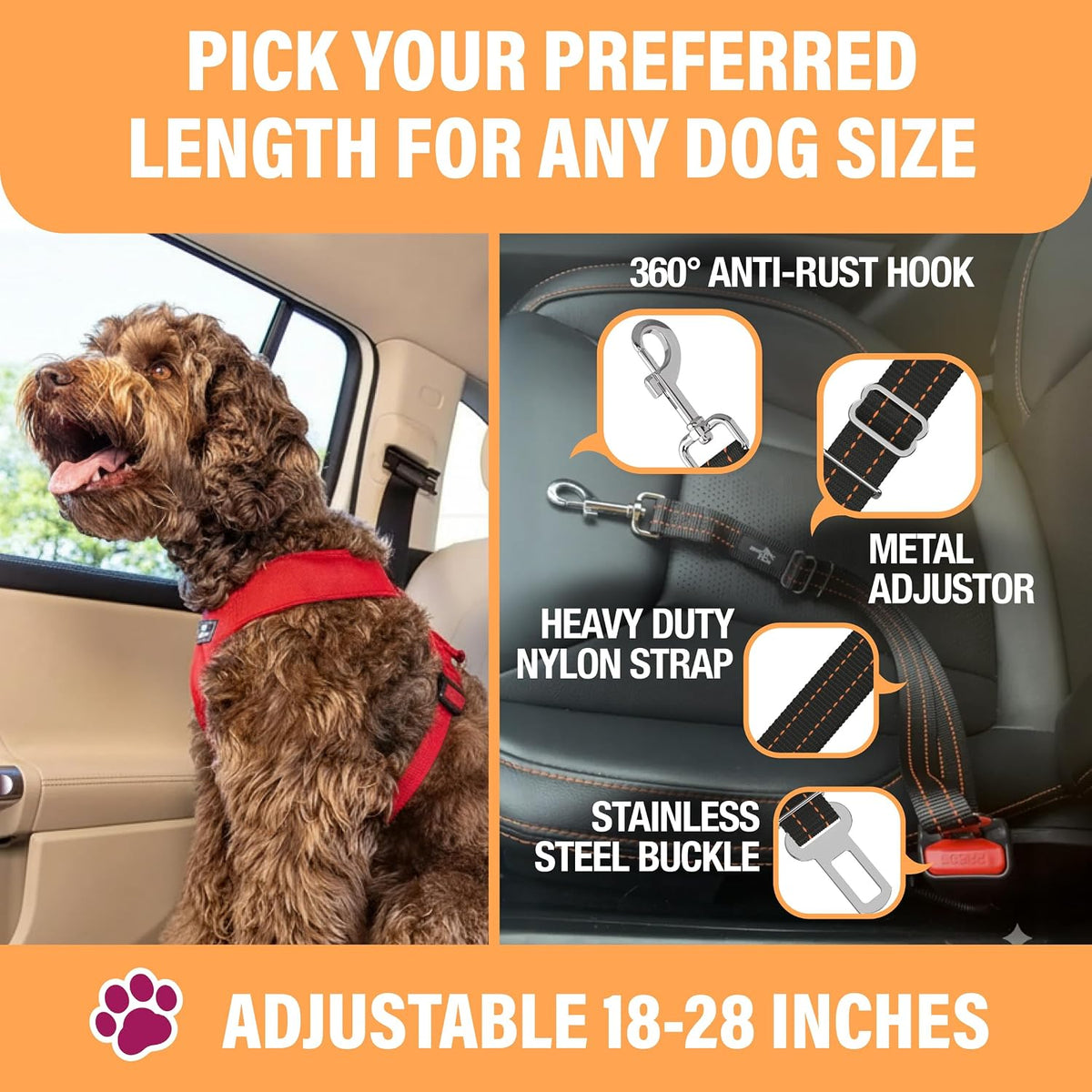 Black Car Seat Belt for Dogs, Attaches to Harness & Collar - Orange - 1 Pack - image 3