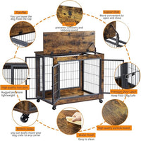 IchbinGo Dog Crate Furniture, Wooden Dog Crate Table, 31.5" Dog Kennel with 3 Doors, Flip-up Top Opening and Wheels, Decorative Pet Crate Dog House for Medium/Small Dog Indoor Use (Rustic Brown)