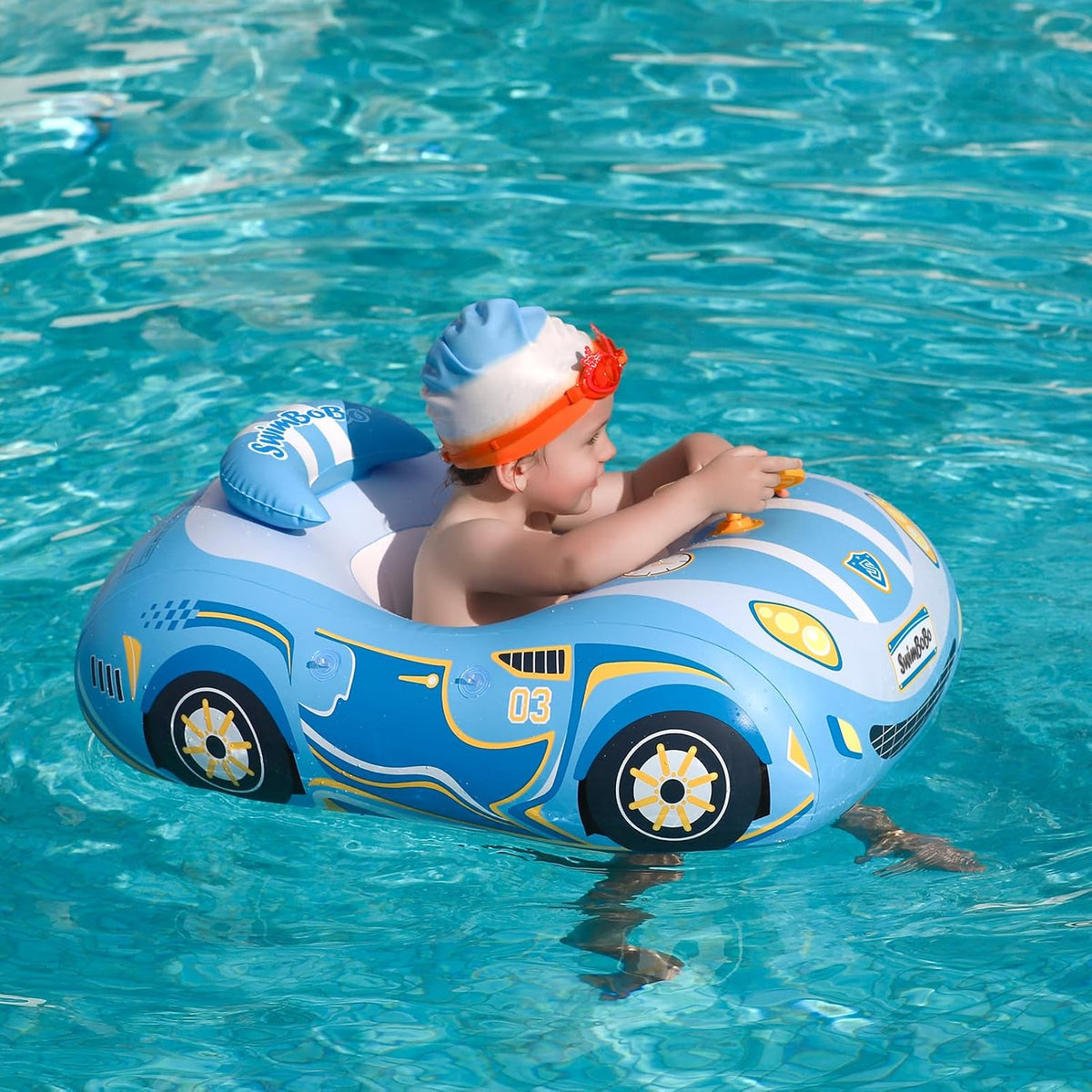 Toddler Float Inflatable Baby Swim Float with Canopy and Seat Pool - Blue Car with Steering Wheel - image 3