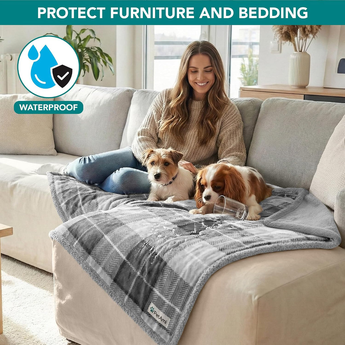 PetAmi Waterproof Dog Blanket for Medium Large Dog Pet, 60x40 - Medium 29 X 40 Inches / Plaid Light Grey - image 2