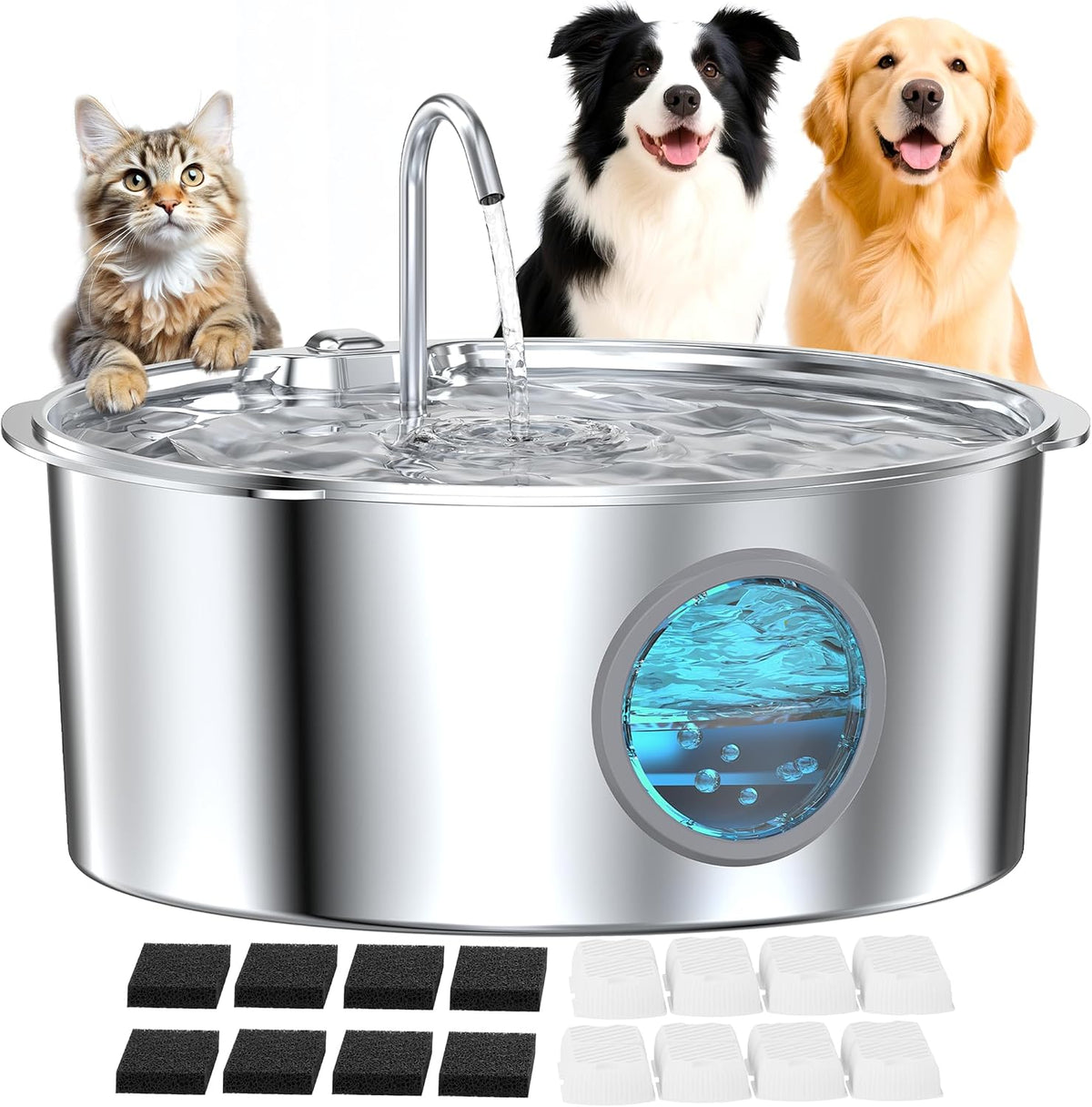 Dog Water Fountain for Large Dogs: Stainless Steel Dog Fountain Water - Dog Fountain+8 Filters +8 Sponges
