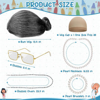 Huskein Old Lady Costume, Old Lady Cosplay Silver Bun Wig Glasses Wig Cap Pearl Necklace Bracelet - Blackwhite-bun - image 2