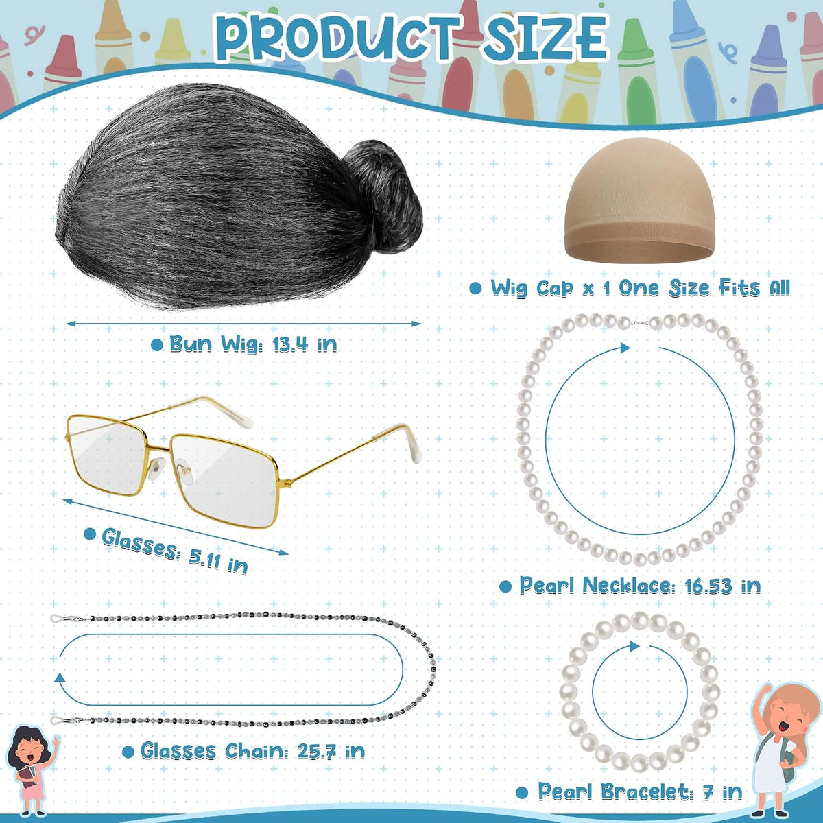 Huskein Old Lady Costume, Old Lady Cosplay Silver Bun Wig Glasses Wig Cap Pearl Necklace Bracelet - Blackwhite-bun - image 2