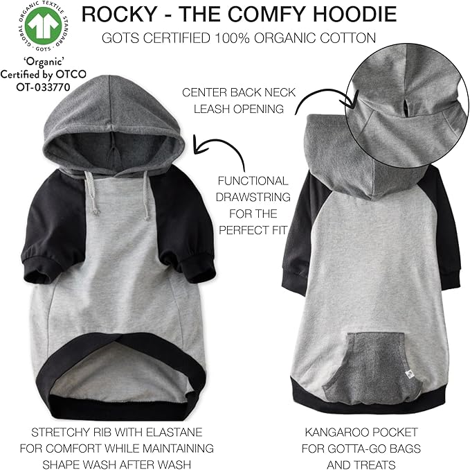 Rocky – The Orginal Lightweight Hooded TEE 100% Organic Cotton Dog Hoodie Pet Coat Sweater for Small, Medium, Large Dogs, Heather Gray Color Block, X-Large