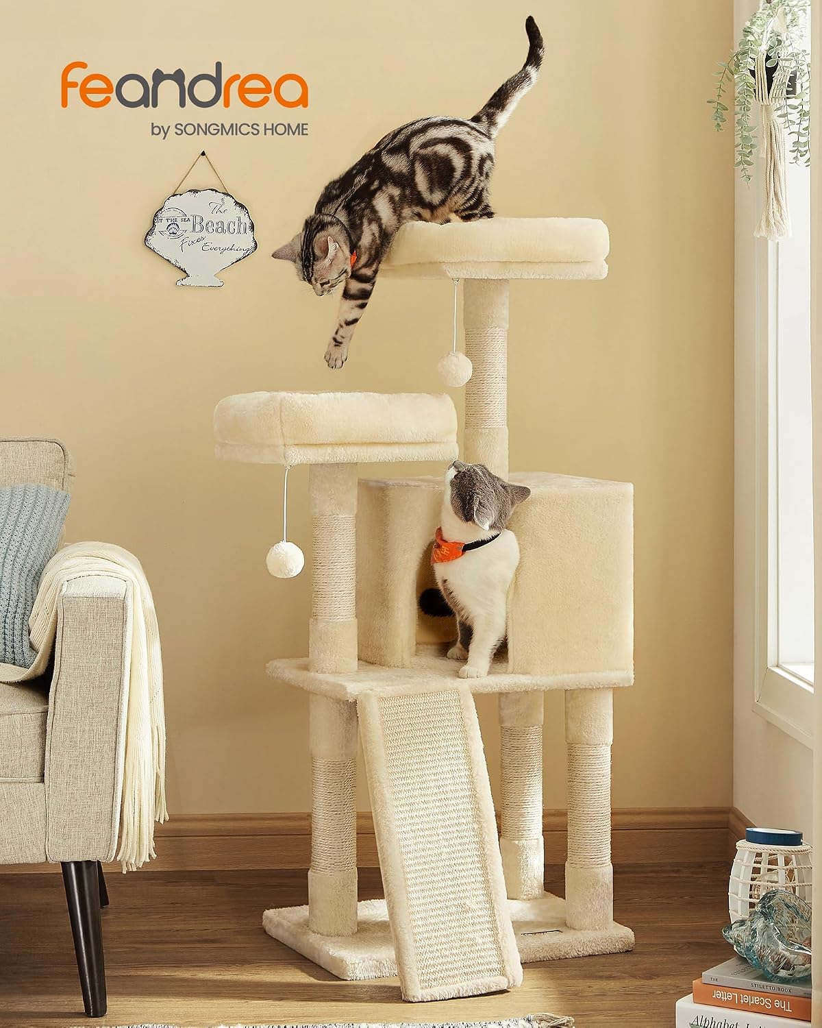 Feandrea Cat Tree, Plush Climbing Condo, Green - Beige - image 2