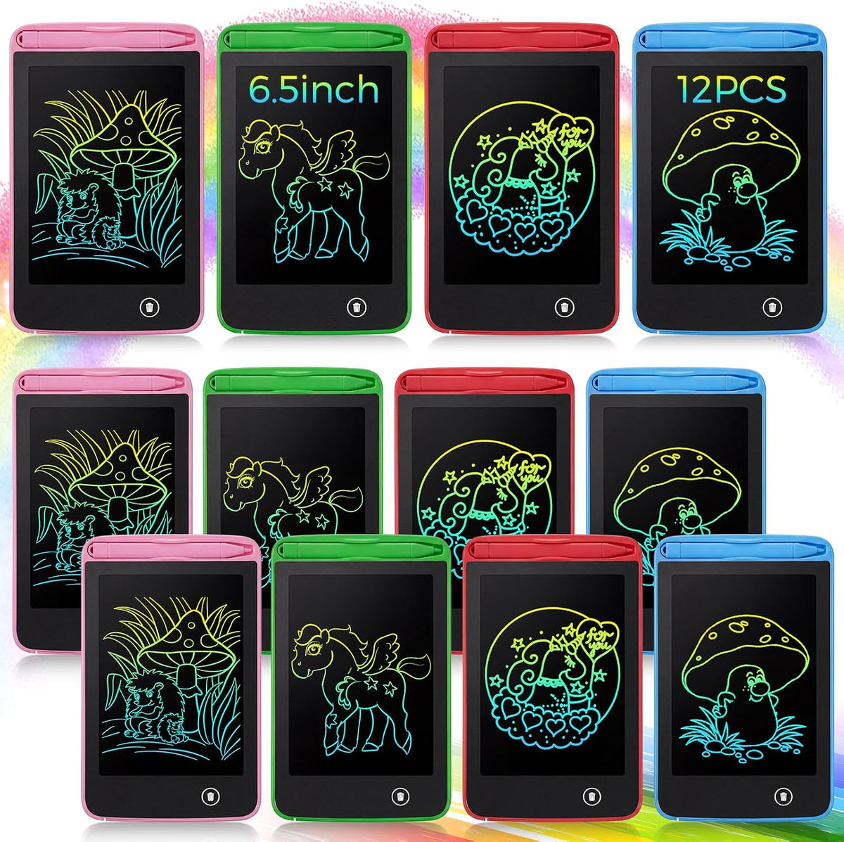 Tinlade 12 Pack LCD Writing Tablet for Kids - Pink, Green, Red, Blue / 6.5 Inch