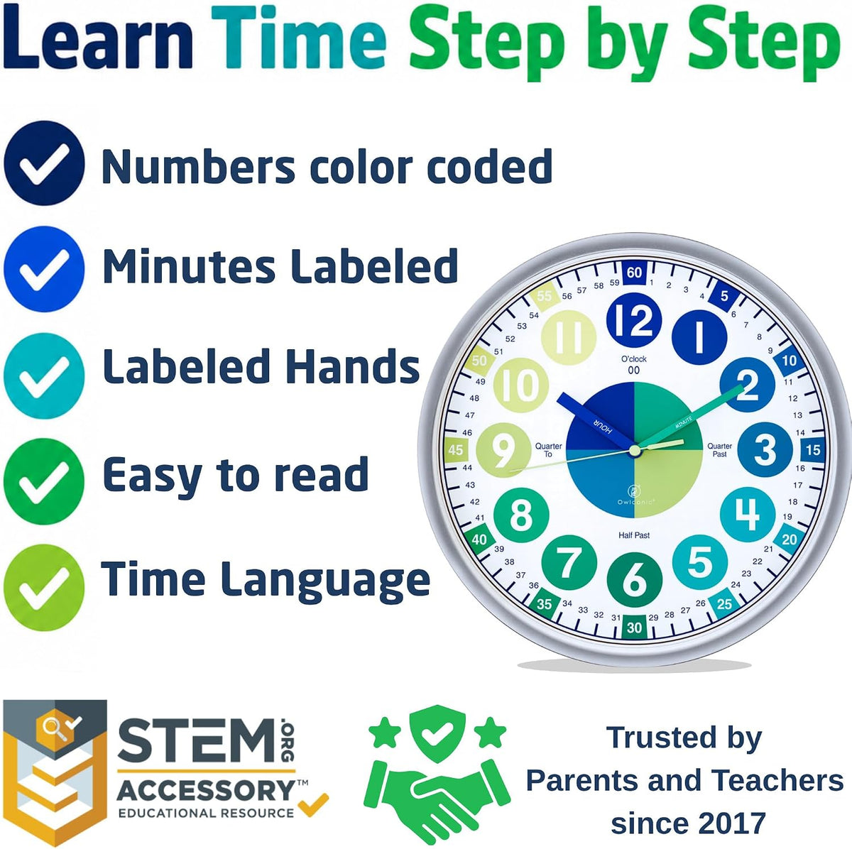 OWLCONIC Kids Teaching Clock, Learning Clock, Silent 10in - Blue Green - image 3