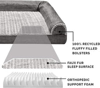 Furhaven Orthopedic Dog Bed for Large Dogs w/ Removable Bolsters & Washable Cover, For Dogs Up to 95 lbs - Luxe Faux Fur & Performance Linen Sofa - Charcoal, Jumbo/XL