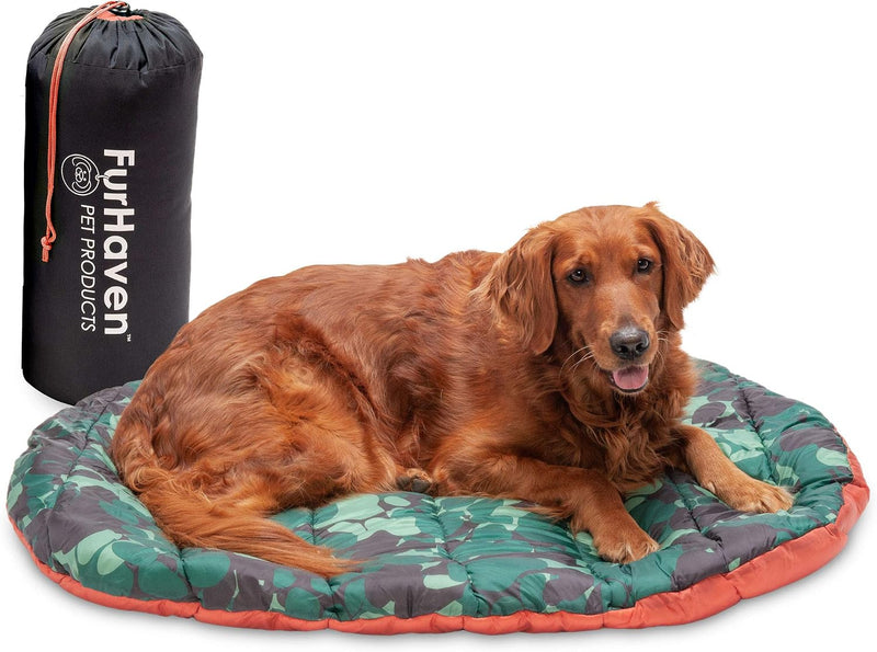 Furhaven Outdoor Travel Dog Bed for Large/Medium Dogs w/ Carry Bag - Large / Paprika/Camo-Paw