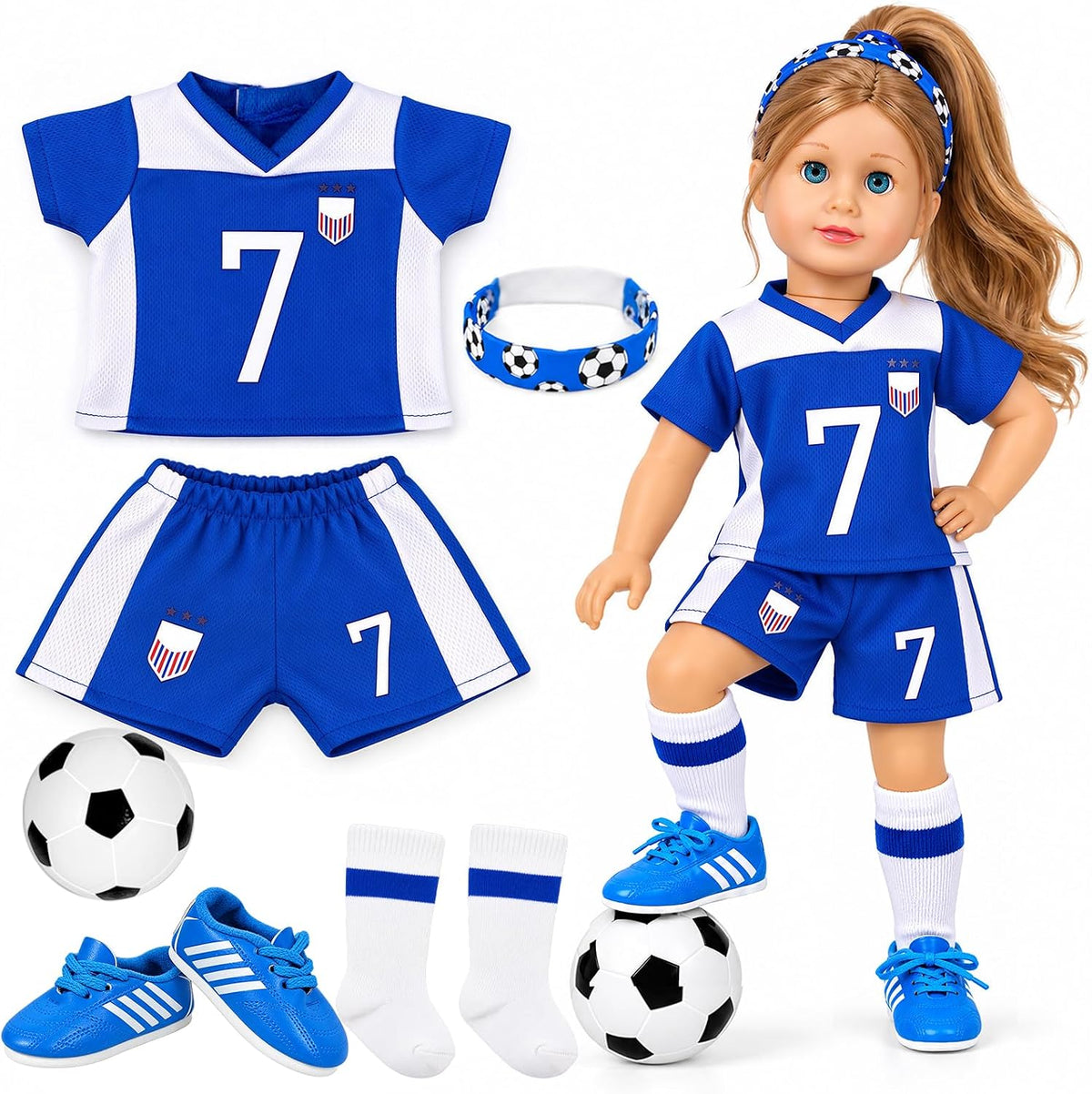 ARTST 18 inch doll soccer outfit with shirt, shorts, socks, headwear, shoes and mini soccer ball