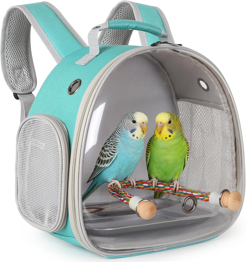 Small Bird Travel Backpack Carrier Cage - Green / Clear Bubble + Tray