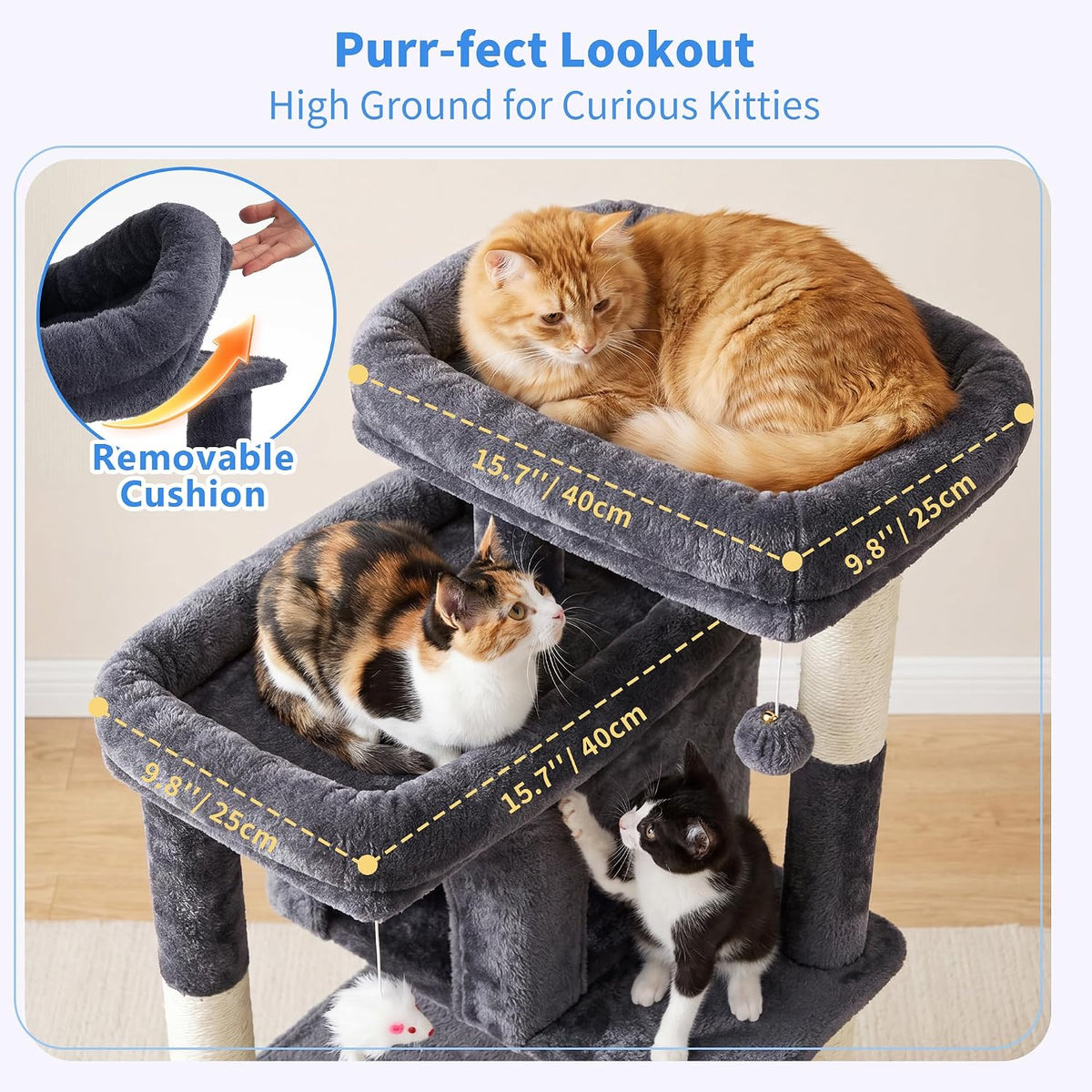 Heybly 34.6" Cat Tree Anti-Tipping Floor Cat Condo for Kittens - Smoky Gray / 34.6 inch - image 2