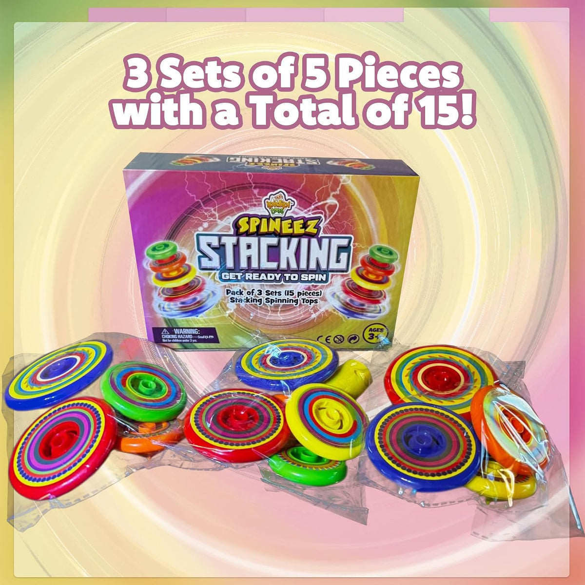 IPIDIPI TOYS Spineez stacking spinning tops for kids, three colorful 5-piece tops - view 3